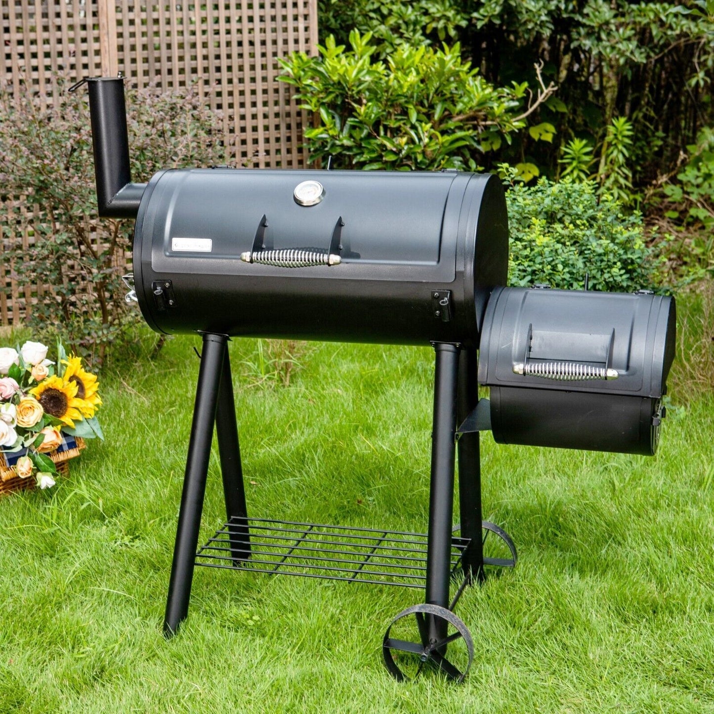 Dual-BBQ Charcoal Grill with Offset Smoker Combo