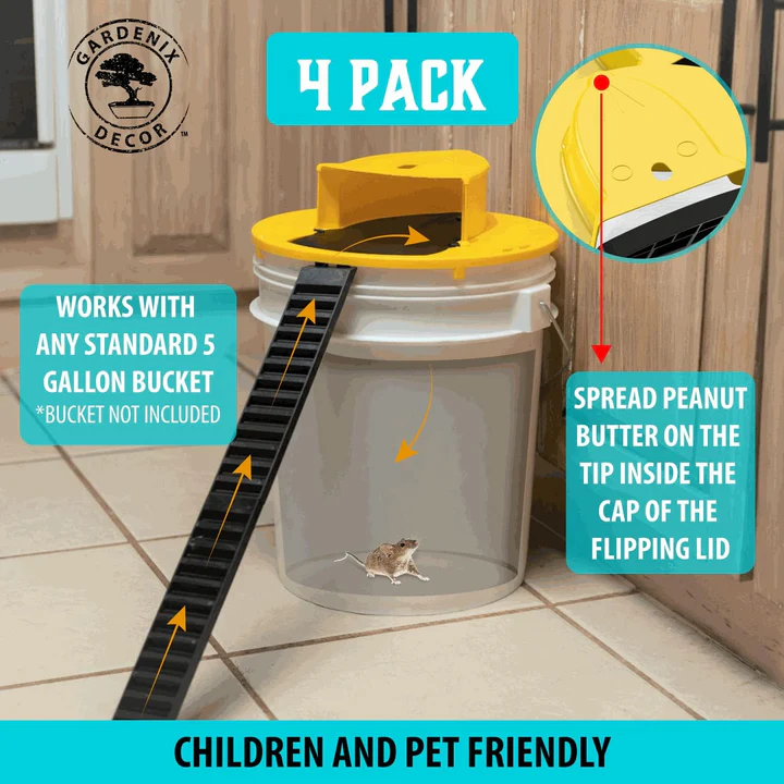4-Pack Bucket Lid Mouse Trap – Reusable Humane Auto-Reset Trap for Rats, Mice & Rodents – No Kill, No Poison