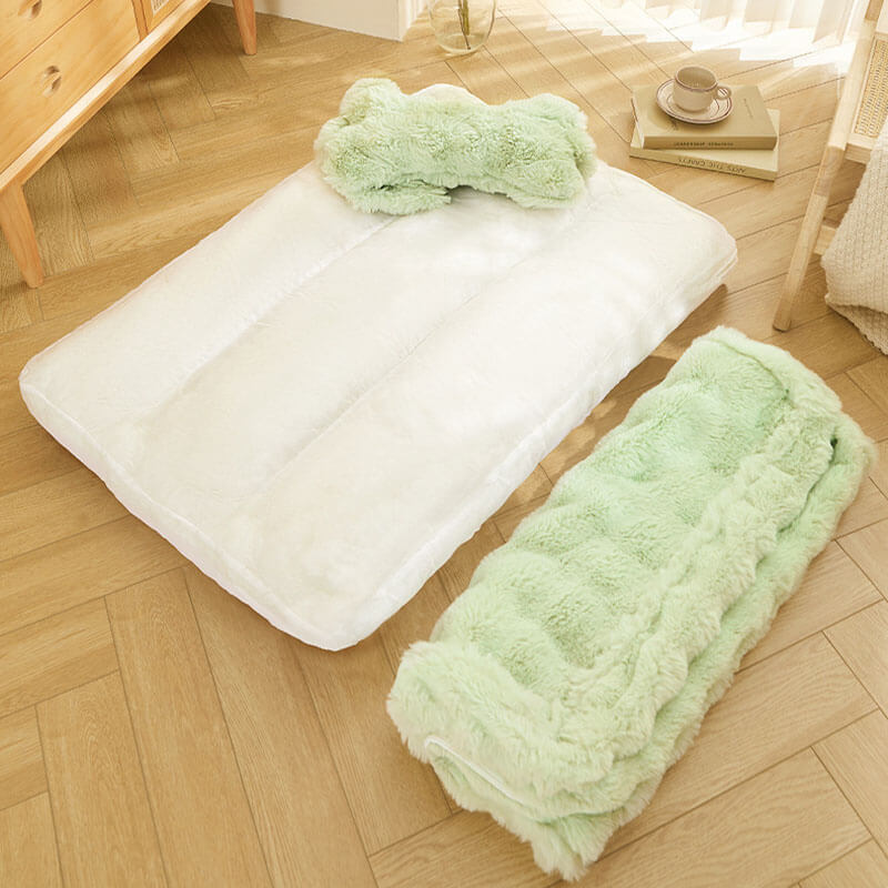 Cuddly, fluffy plush dog bed with pillow