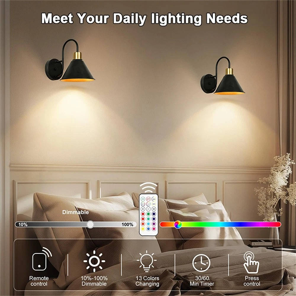 2PKS Battery Operated Wall Sconces with Remote Dimmable Wireless LED Wall Lamp