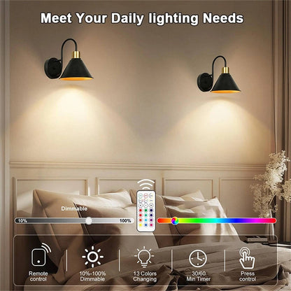 2PKS Battery Operated Wall Sconces with Remote Dimmable Wireless LED Wall Lamp