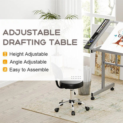 Adjustable Drafting Table on Wheels – Glass Tabletop Drawing Desk with Storage Drawer