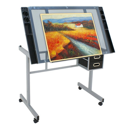 Adjustable Drafting Table on Wheels – Glass Tabletop Drawing Desk with Storage Drawer