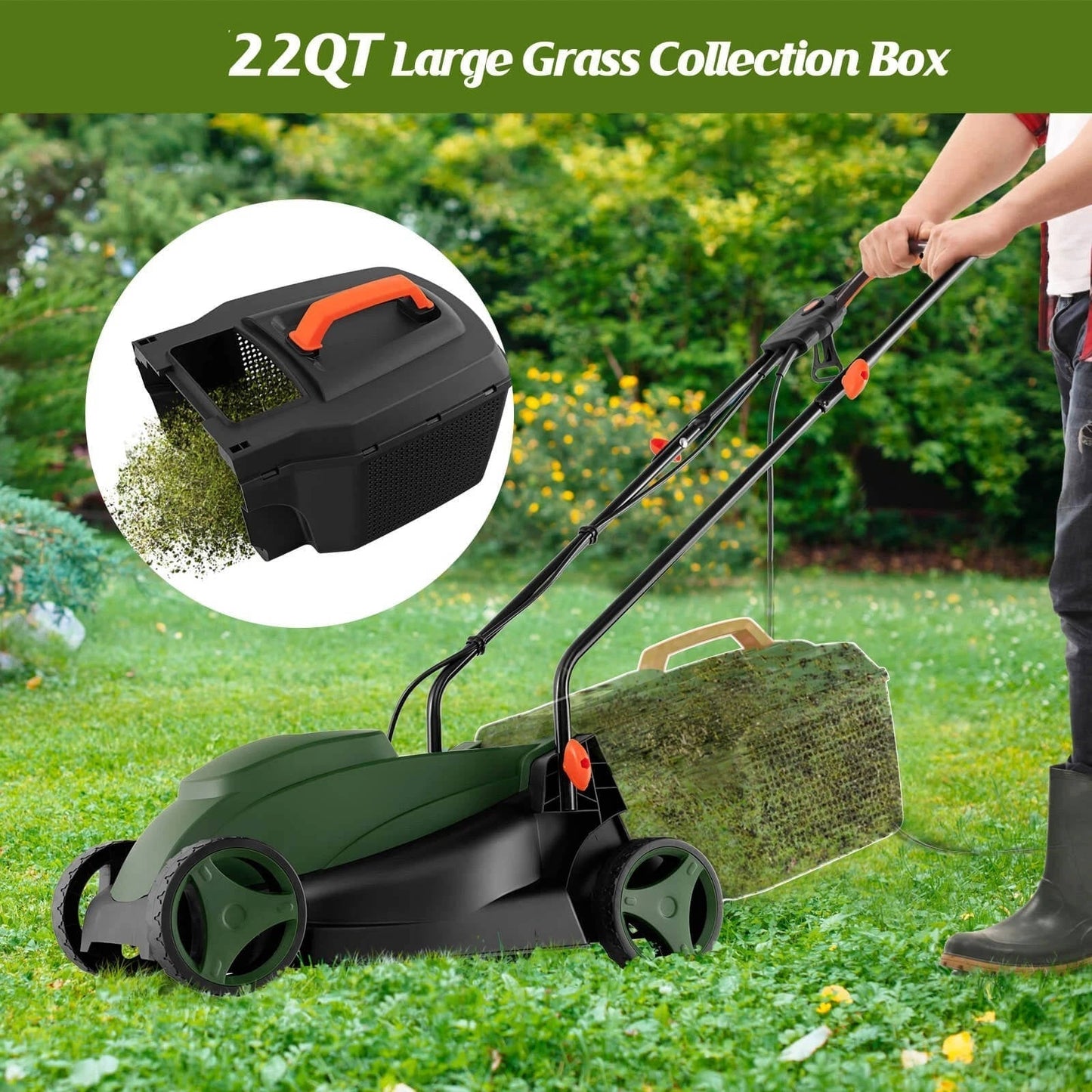 Corded Electric Lawn Mower 2 in 1 Walk Behind Push Mower with Bag for Garden