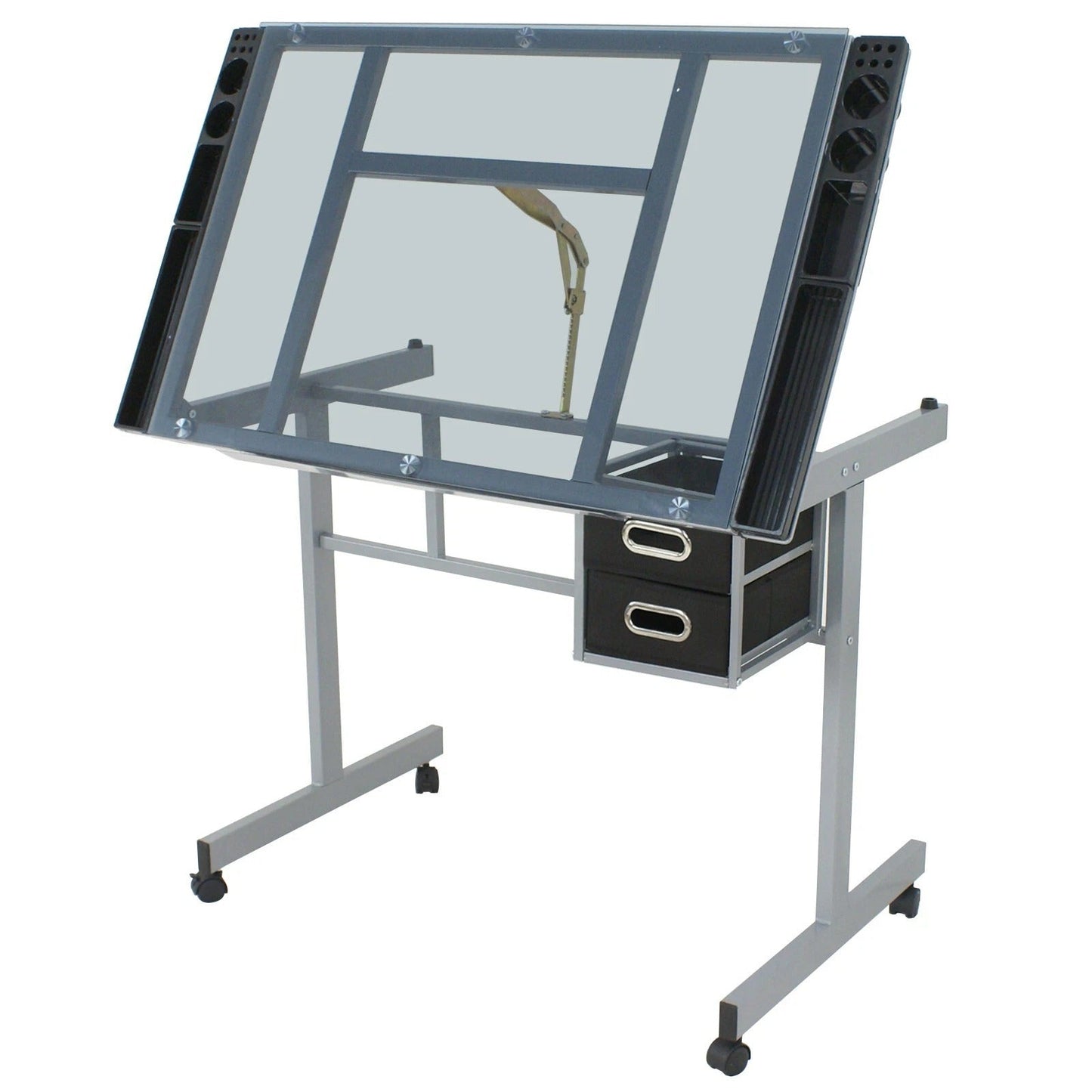 Adjustable Drafting Table on Wheels – Glass Tabletop Drawing Desk with Storage Drawer