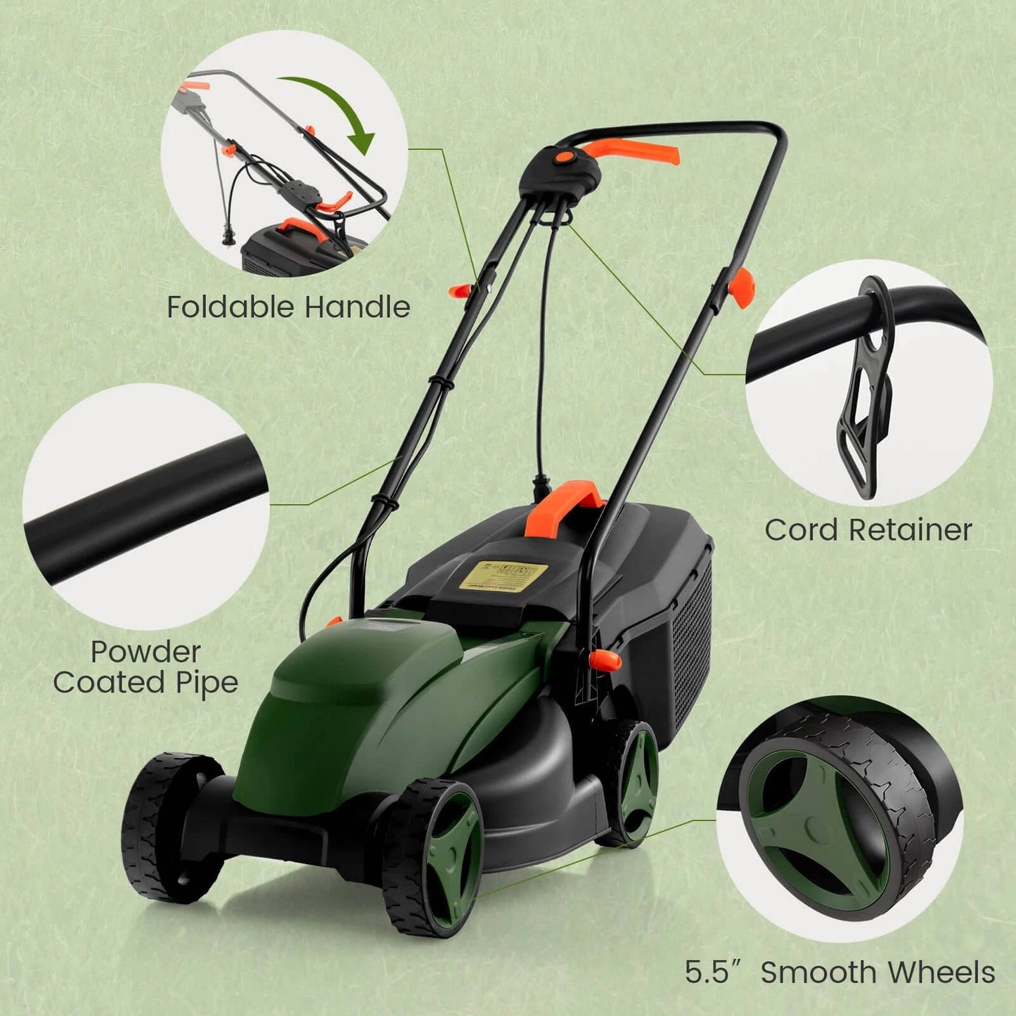 Corded Electric Lawn Mower 2 in 1 Walk Behind Push Mower with Bag for Garden