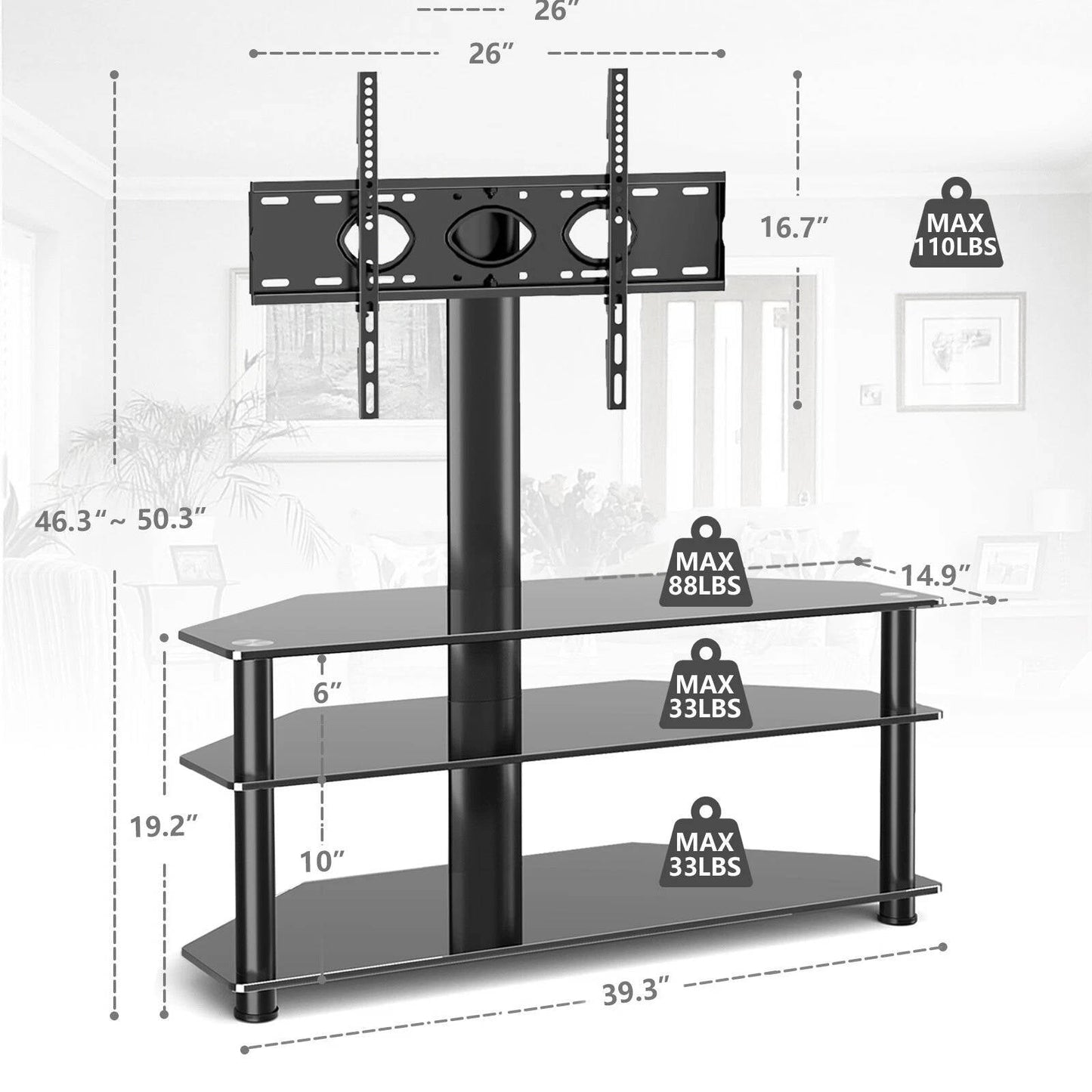 Glass Floor TV Stand with Swivel Mount for 32 to 70 inch Flat Screen TVS