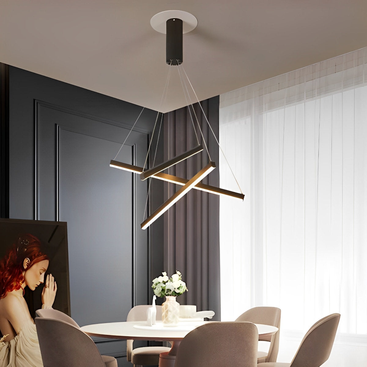 Minimalist Strip Stepless Dimming LED Black Modern Chandelier with Remote